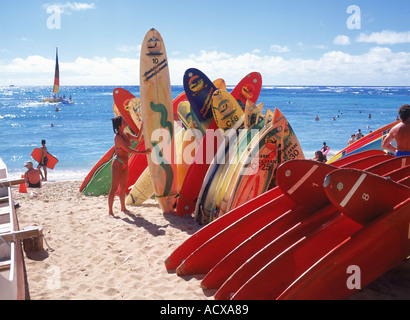 Rental surfboards at Waikiki Beach on Oahu Island in Hawaii