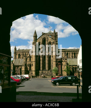 Market Cross and East facade of Hexham Abbey seen over the Market Place, Hexham, Northumberland, England, UK. Stock Photo