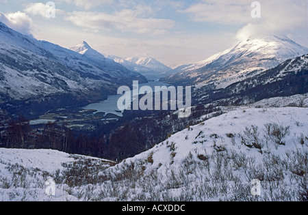 Kinlochleven and surrounding hills in winter with the Pap of Glencoe in the background Stock Photo