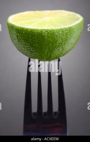 Half of a lime fruit - Citrus Aurantifolia Latifolia stuck on a fork on a gray background Stock Photo