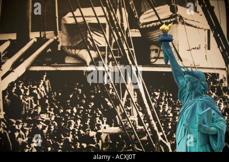 Statue of Liberty immigration immigrants composite Lady Liberty welcomes immigrants from Europe to New York Harbor Harbour NY Stock Photo