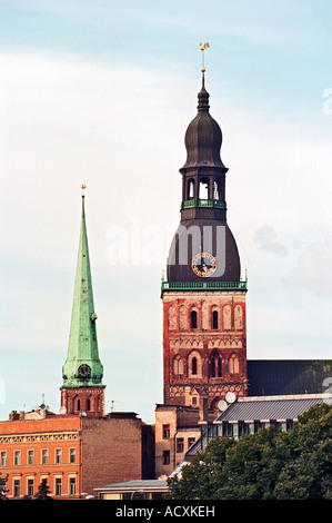 Bell towers of the St. Jacobs Church and the Doma Cathedral in Riga, Latvia Stock Photo
