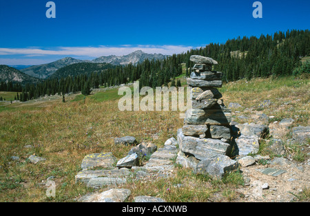 Cairn of stacked rocks along Three Island Lake trail Mt Zirkel wilderness area Routt National Forest CO USA Stock Photo