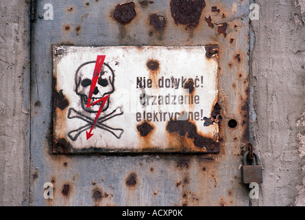 A warning sign -High voltage. Keep off-, Poland Stock Photo