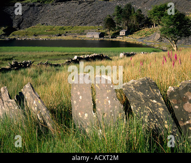 Slate fence and derelict buildings at the abandoned quarry at Cwmorthin near Blaenau Ffestiniog Stock Photo