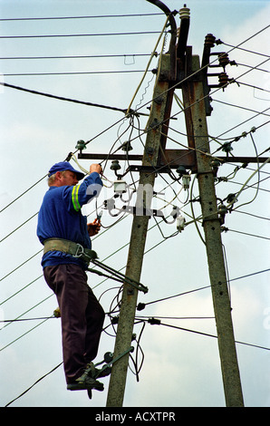 Worker repairing a power pylon, Poland Stock Photo