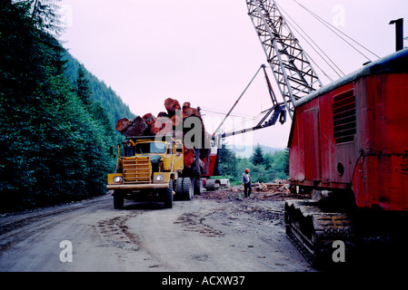 Loading Logs onto a Logging Truck in Northern British Columbia Canada Stock Photo