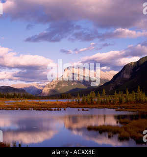 Mt Rundle and Vermilion Lakes in Autumn near the Town of Banff in Banff National Park in the Canadian Rockies in Alberta Canada Stock Photo