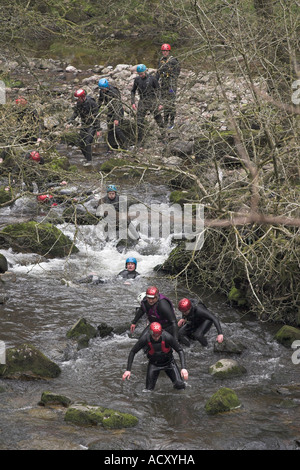 Gorge Walking at  Sgwd Clun Gwyn waterfall Brecon Wales Stock Photo