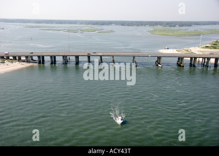 Virginia Beach,Lynnhaven Shores,Chesapeake Bay,Lynnhaven River,mouth,Shore Drive Bridge,aerial overhead view from above,view,boat,VA070612066 Stock Photo