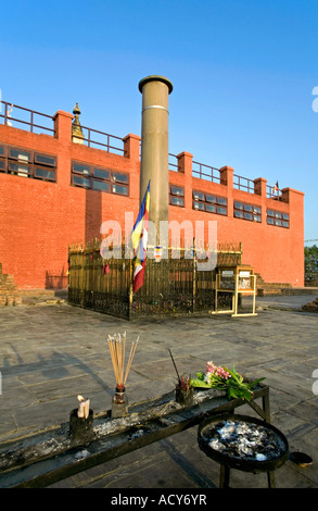 Emperor Ashoka Pillar and Maya Devi Temple.Lumbini.Birthplace of the Buddha.Nepal Stock Photo