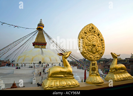 Wheel Of Law and two deers statue.Tsamchen Gompa.Bodhnath Stupa.Kathmandu Valley.Nepal Stock Photo