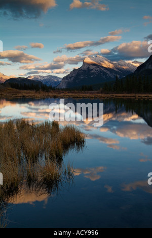 Sunset over Mount Rundle from Vermillion Lakes Drive near Banff Canadian Rockies Alberta Canada Stock Photo