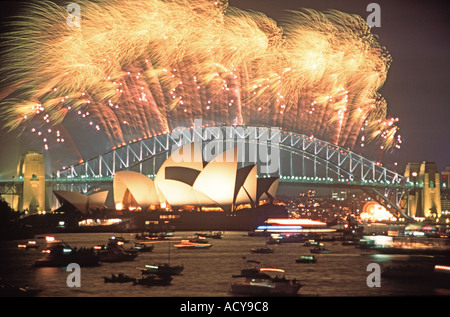 Australia sydney new years eve fireworks at the harbor bridge Stock Photo