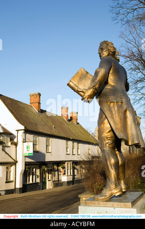 Thomas Paine statue Thetford Norfolk with Bell Hotel behind. Room for text in upper left and top of photo. Stock Photo