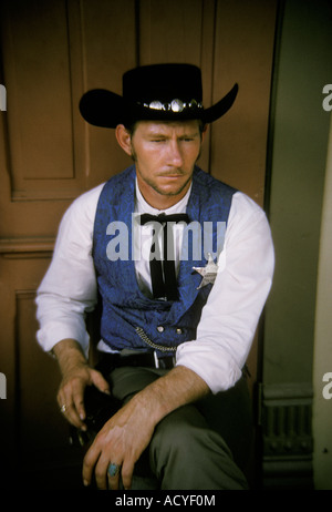 wild west cowboy shoot out re-enactor sheriff west Texas town Six Flags over Texas USA America Stock Photo