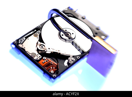 Computer hard disk and padlock Stock Photo