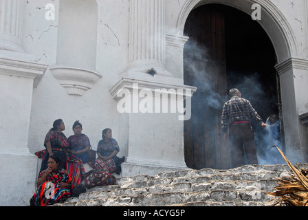 Incense burning in front of Santo Tomas Church, Chichicastenango, Guatemala, Central America Stock Photo