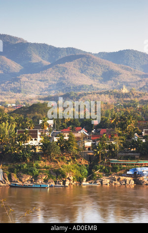 View Of Luang Prabang From Wat Chom Phet With Wat Phu Si In Background Stock Photo