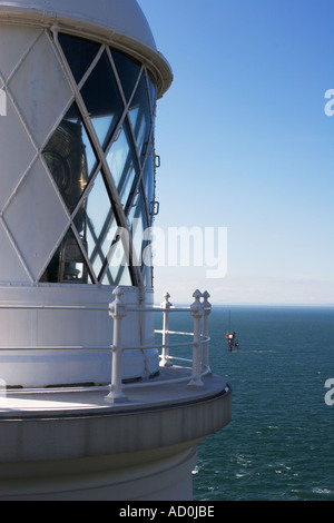 The Seaflow Marine Current Turbine project with rotor raised for maintenance from Foreland Point Lighthouse Lynmouth Devo Stock Photo