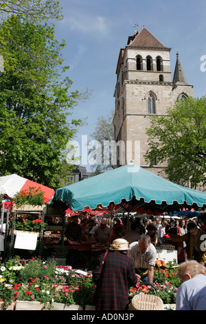 French market in the town of Cahors in the Lot, South West France in the square next to Cathédrale Saint-Étienne Stock Photo