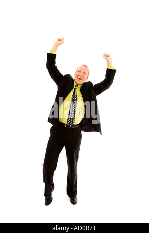 Businessman in a suit raises his arms in triumph Stock Photo - Alamy