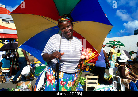 Castries St Lucia Saturday Market Woman With Tropical Flowers Stock Photo