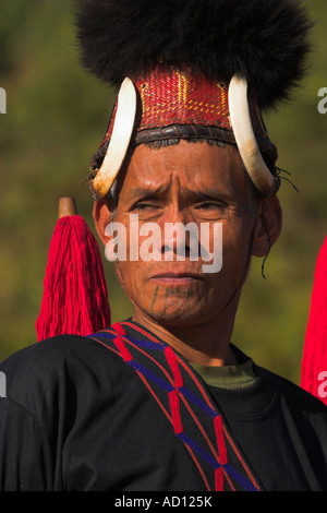 Myanmar (Burma), Sagaing Region, Lahe village, Naga New Year Festival, Naga man wearing headdress Stock Photo