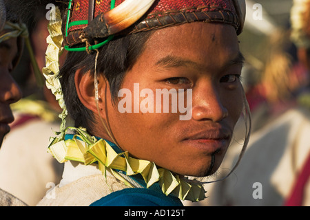 Myanmar (Burma), Sagaing Region, Lahe village, Naga New Year Festival, Naga man wearing headdress Stock Photo