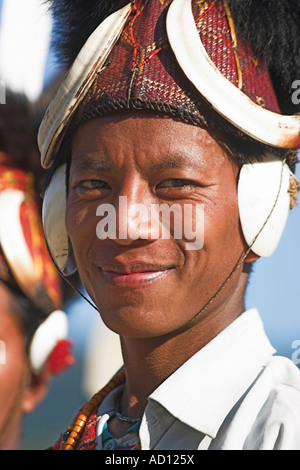 Myanmar (Burma), Sagaing Region, Lahe village, Naga New Year Festival, Naga man wearing headdress Stock Photo