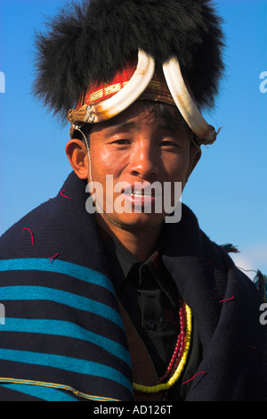 Myanmar (Burma), Sagaing Region, Lahe village, Naga New Year Festival, Naga man wearing headdress Stock Photo