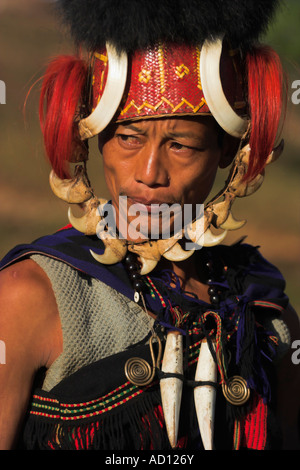 Myanmar (Burma), Sagaing Region, Lahe village, Naga New Year Festival, Naga man wearing headdress Stock Photo