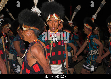 Myanmar (Burma), Sagaing Region, Lahe village, Naga New Year Festival, Naga men dancing Stock Photo