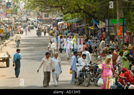 Horizontal wide angle of a typical busy Indian streetscene. Stock Photo