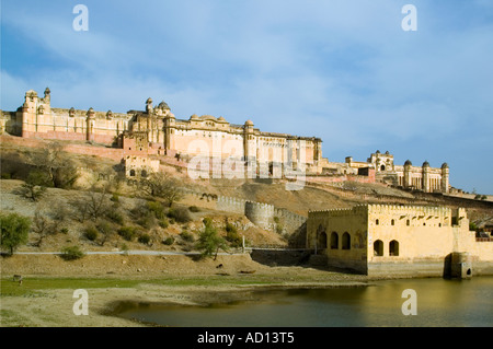 Horizontal wide angle of the Amber Palace across Maota Lake against a blue sky.