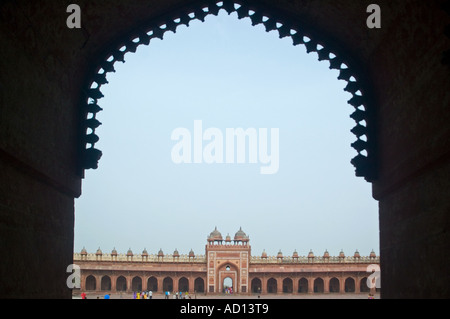 Horizontal wide angle view of the Buland Darwaza  'Gate of Magnificence' inside the Jama Masjid mosque. Stock Photo