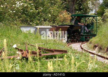 Industrial narrow gauge railway demonstration track at Twyford Waterworks, Winchester, Hampshire - train of tipper wagons Stock Photo