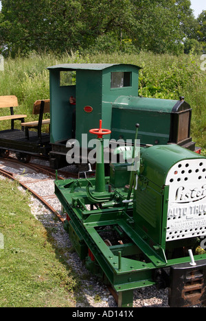 Industrial narrow gauge railway demonstration track at Twyford Waterworks, Winchester, Hampshire, England - petrol locomotives Stock Photo