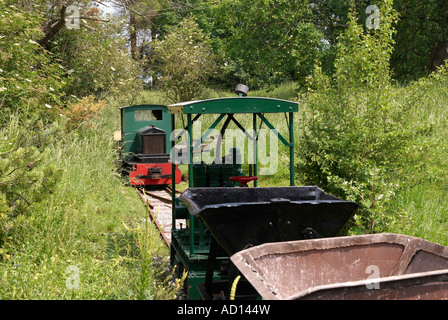 Industrial narrow gauge railway demonstration track at Twyford Waterworks, Winchester, Hampshire - train of tipper wagons Stock Photo