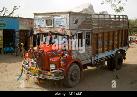 Horizontal view of a highly decorated heavy goods vehicle laiden with a cargo Stock Photo