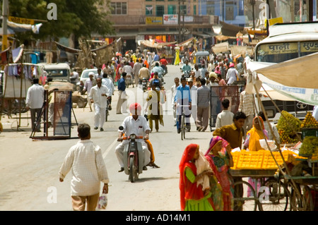 Horizontal elevated wide angle of a typical busy Indian streetscene in Rajasthan. Stock Photo
