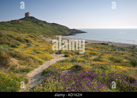 San Giovanni Spanish Tower and Beach, Capo San Marco, Sardinia, Italy Stock Photo