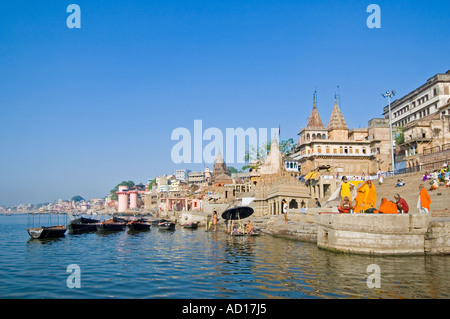 Horizontal wide angle of the ruined temple on Scindia Ghat along the River Ganges. Stock Photo