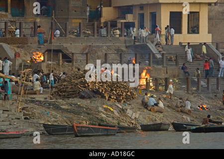 Manikarnika Ghats in Varanasi are where the dead are cremated in open view. Stock Photo