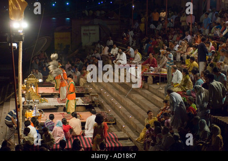 A view of the 'audience' at the daily aarti (prayers) at the Dasaswamedh Ghat in Varanasi. Stock Photo