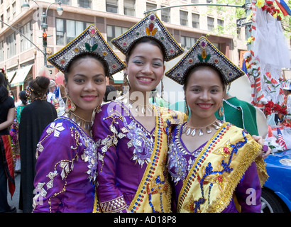 Young Filipino Americans in traditional costumes at the Filipino Day Parade in New York City Stock Photo