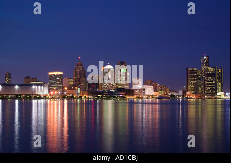 City Skyline along Detroit River, Detroit, Michigan, USA Stock Photo