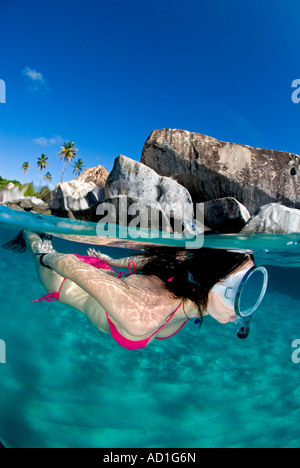 Snorkeler at Baths beach, Virgin Gorda, BVI, British Virgin Islands, snorkel, paradise, tropical beach, bikini, underwater Stock Photo