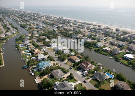 Virginia Beach,Sandbridge Beach,Atlantic Ocean,water,oceanfront,seaside,homes,cottages,canals,aerial overhead view from above,view,VA070612098 Stock Photo