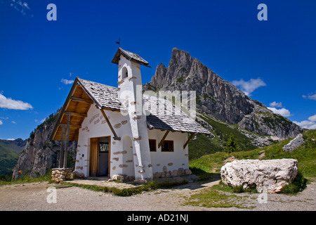 Chapel at Falzarego Pass, Dolomites, Italy Stock Photo